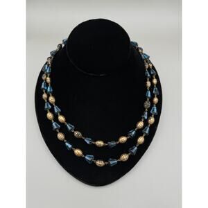 Vintage West Germany Two Strand Gold and Blue Bead Necklace